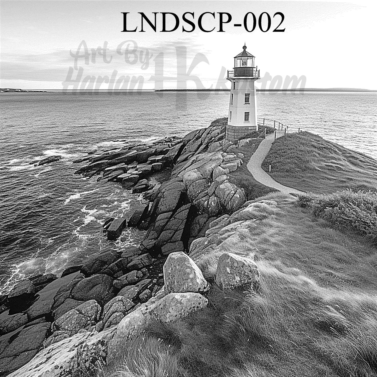 "Lighthouse Watch – Guiding Light on Rugged Shores" SKU: LNDSCP-002